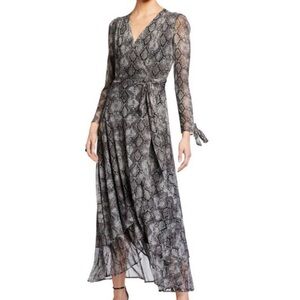 Betsey Johnson Snake Print Bow Sleeve Wrap Maxi Dress Evening Gray Black Formal